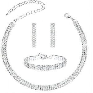 3 Piece Crystal Jewelry Set, Silver Necklace Earrings Bracelet Crystal Wedding